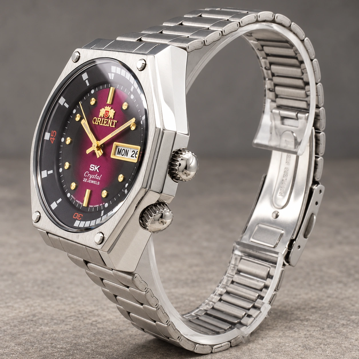 Orient RA-AA0B02R19B angled dial and case detail