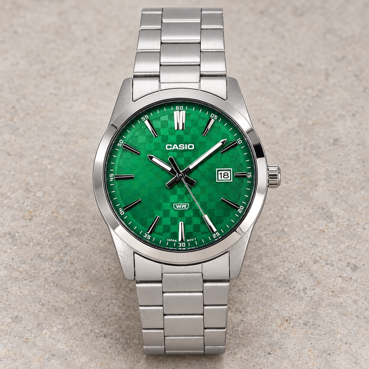 casio-mtp-vd03d-3a1-studio-1 Casio Standard Analog Stainless Steel Green Dial Quartz MTP-VD03D-3A1 Men's Watch product view