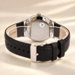 Orient Bambino FAC0000CA0 stainless steel case back and leather strap, rear studio view