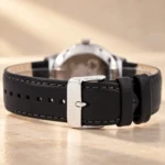 Orient Bambino FAC0000CA0 black leather strap and Orient buckle close-up