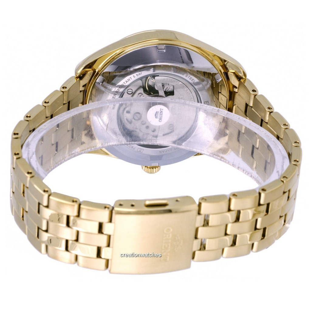 Orient RA-BA0001G10B exhibition caseback and gold-tone bracelet